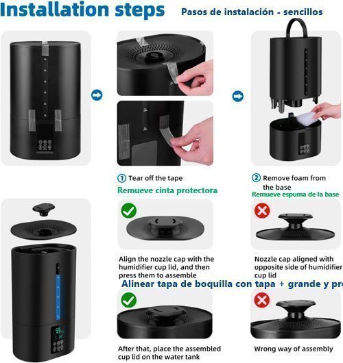 Pasos de instalacion de humidificador coolfiqu: remover cinta protectora y espuma. Alinear la tapa con la boquilla por donde sale el aire humidificado