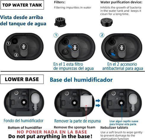 Fotos desde la parte de arriba y de la base del humidificador coolfiqu para mostrar fitros de purificacion y superficie de limpieza