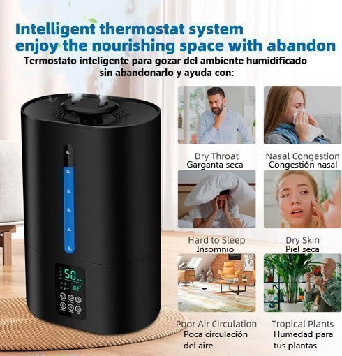 Este humidificador coolfiqu tiene termostato inteligente y su uso tiene  beneficios para la salud como hidratacion de la piel y las plantas de la casa, garganta seca y congestión nasal