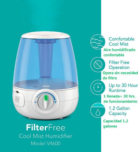 Beneficios de este humidificador: 1 llenada hasta 30 horas de operacion, 1,2 galones de capacidad