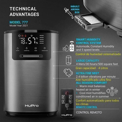 La tecnologia de este humidificador permite: humedad constante y personalizada, niebla ultra fina con control remoto y bandeja para poner aromatizantes.