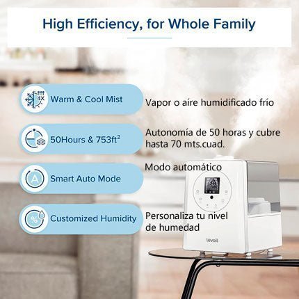 Este humidificador cuenta con vapor calido  o aire frio, autonomia 50 horas, modo automatico, humedad personalizada