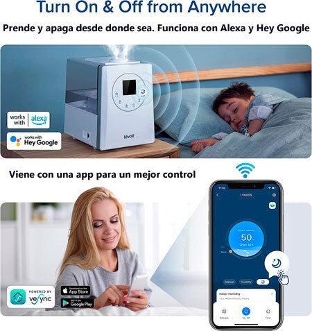 Este humidificador incluye con una app para su movil desde donde lo puede operar, funciona con Alexa y Hey Google