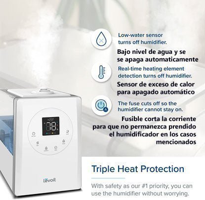 Funciones especiales del humidificador: sensores para nivel de agua bajo o alta temperatura ambiental se apaga solo